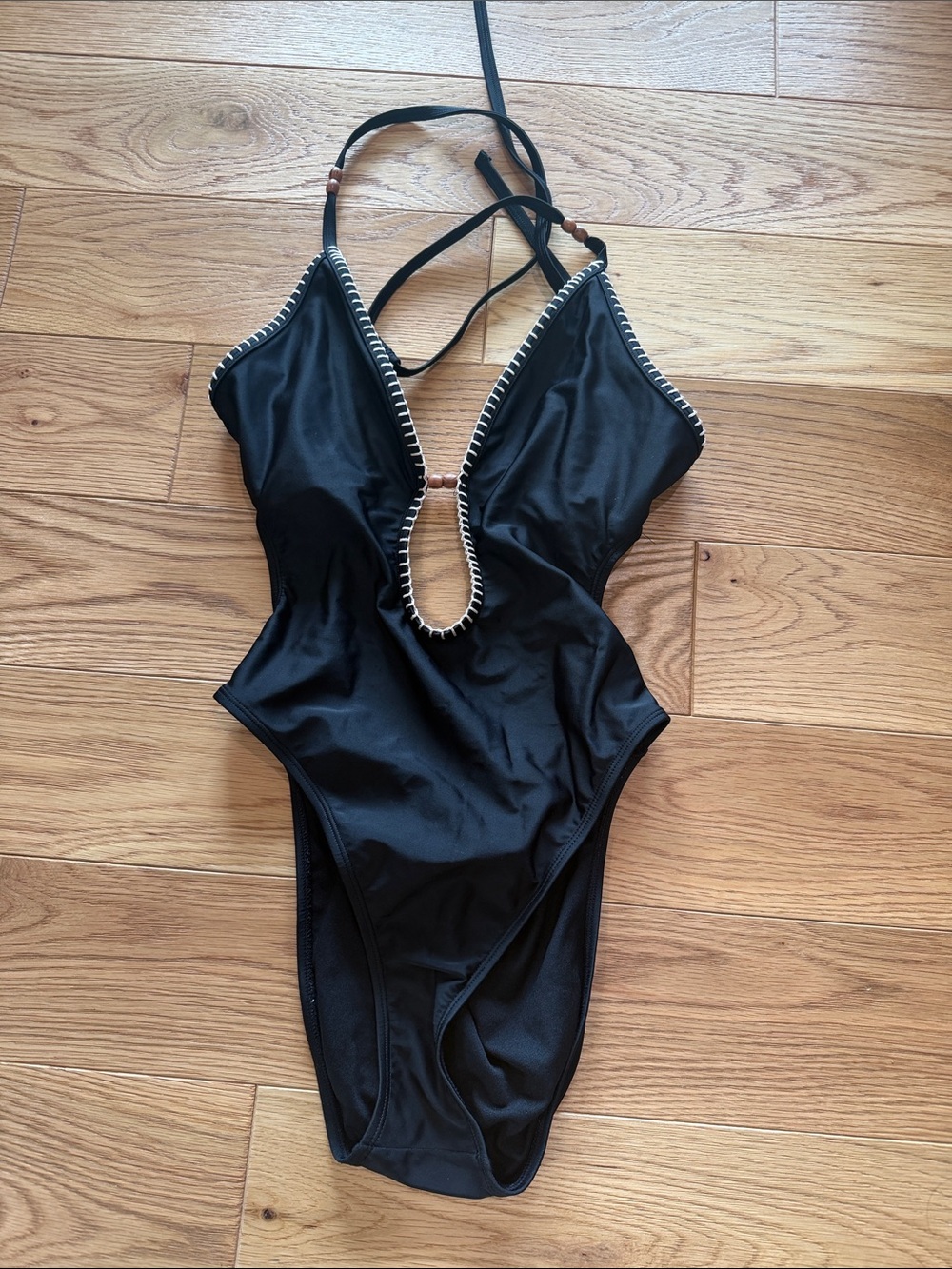 Black One-Piece Deep V Cutout Swimsuit with Contrast Stitching